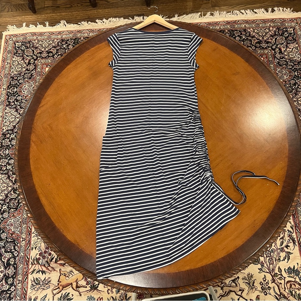 Toad & Co Muse Dress Nautical Navy Stripe Small Midi Short-Sleeve V-Neck Organic - Picture 3 of 16